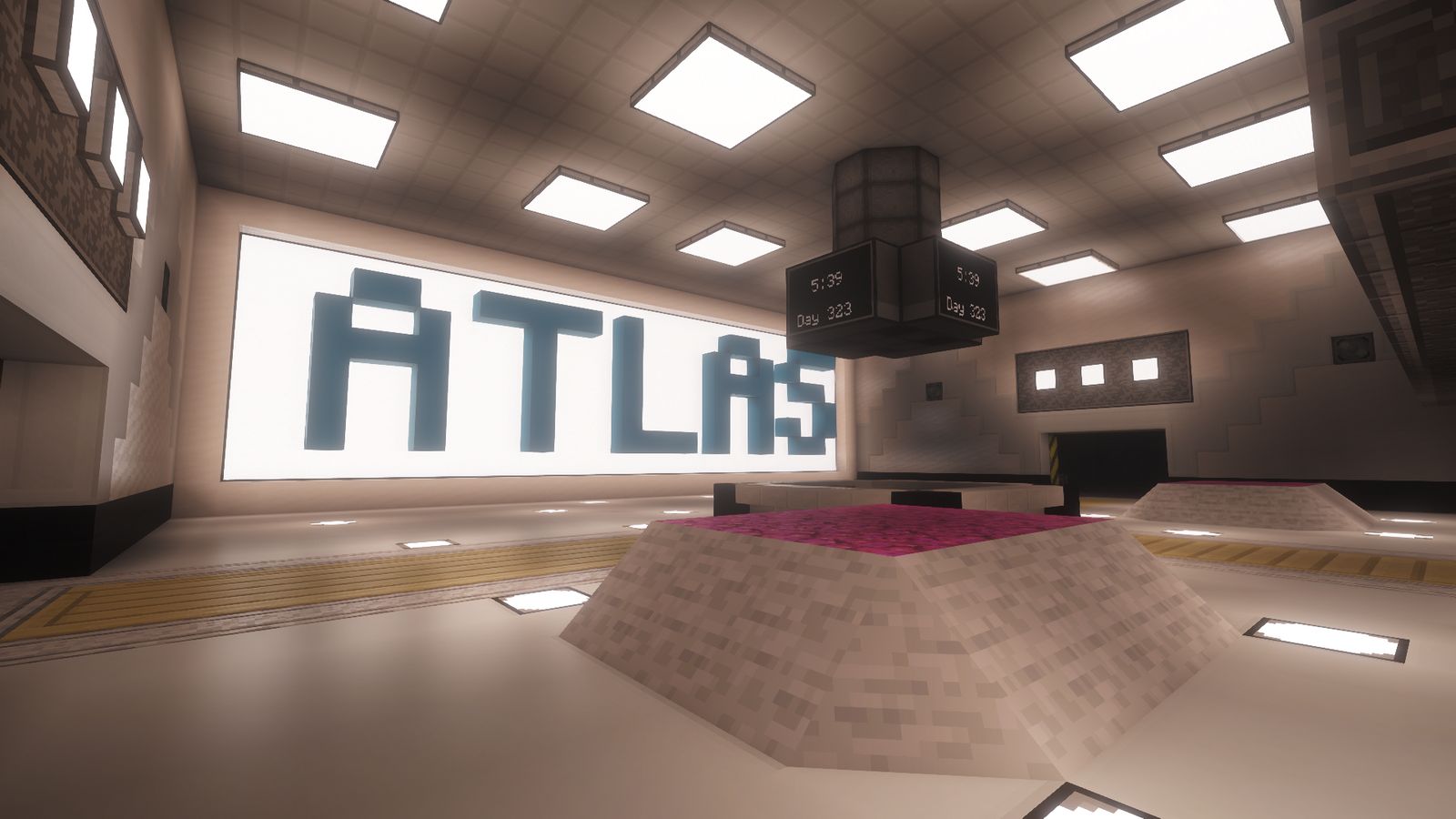Sala principal de la base ATLAS en Minecraft, con el letrero y el contador de día