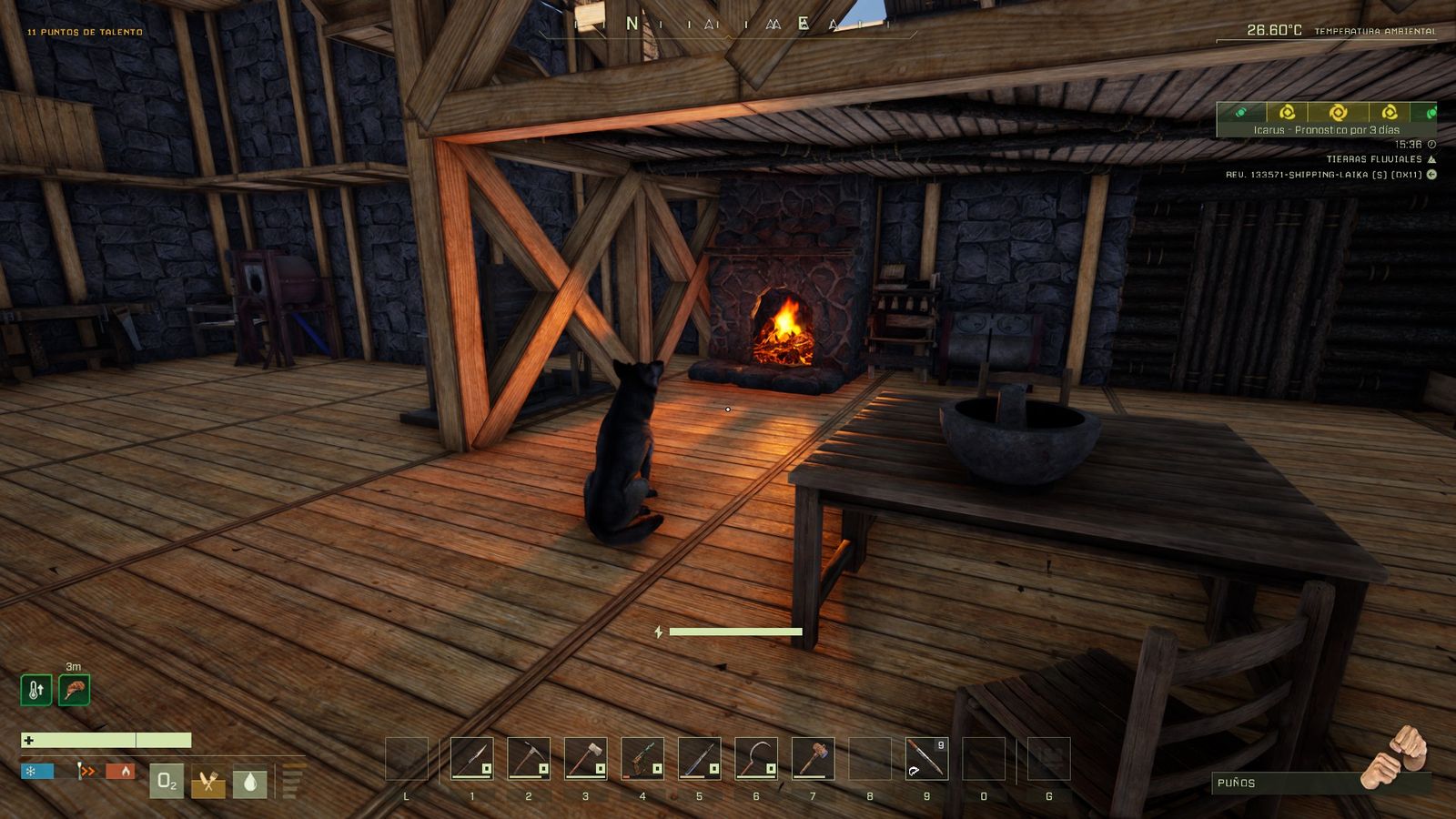Interior de cabaña de madera con chimenea encendida, captura del juego Icarus