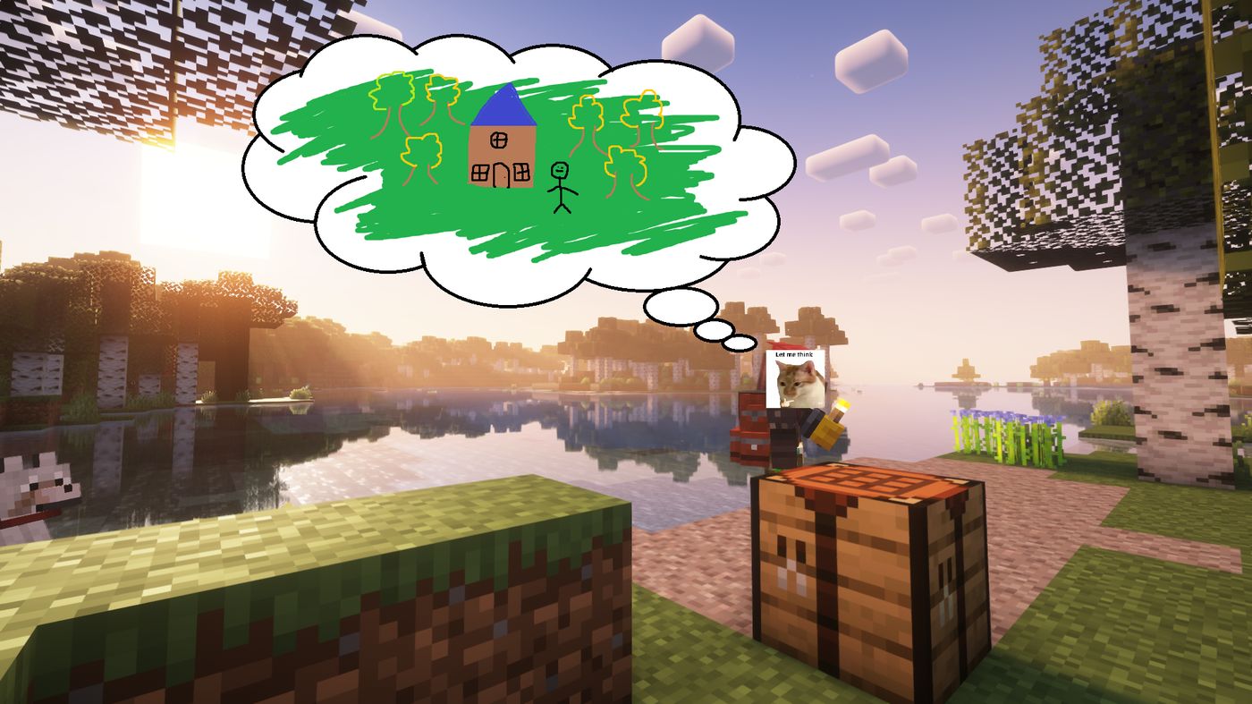 Captura de Minecraft con un dibujo de globo de pensamiento mostrando el boceto de una casa entre árboles