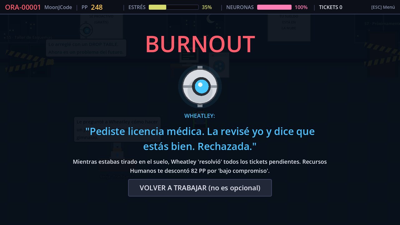 Pantalla de burnout con Wheatley diciendo una frase burlona