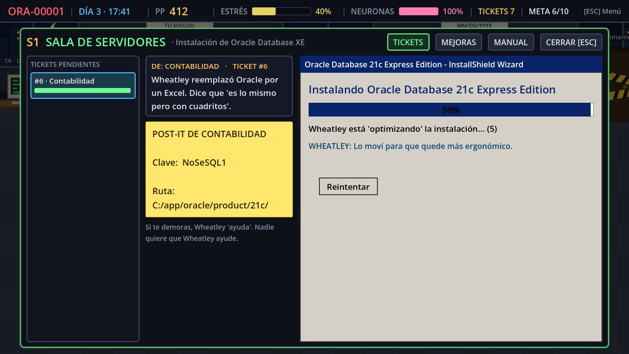 El instalador de Oracle pegado en 99% mientras Wheatley mueve el botón Reintentar
