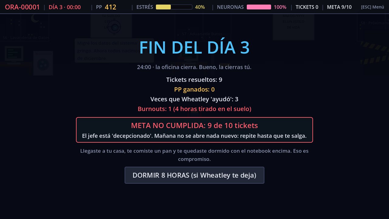 Pantalla de fin del día con el resumen de tickets y la meta del jefe