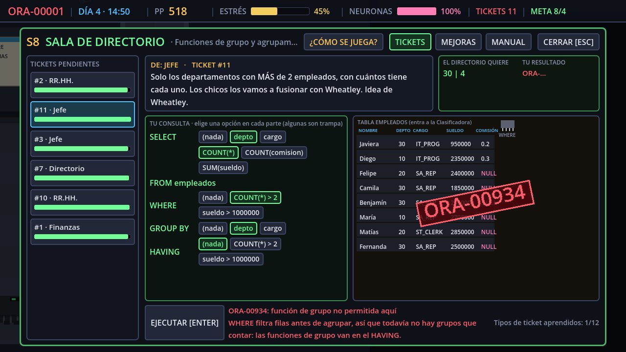 La Clasificadora trancada con el error ORA-00934 por usar COUNT en el WHERE